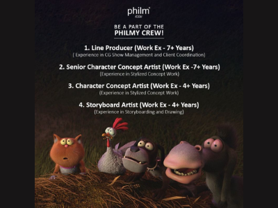 Multiple job openings at Philm CGI studio for the positions of Line Producer, Senior Character Concept Artist, Storyboard Artist, and more.