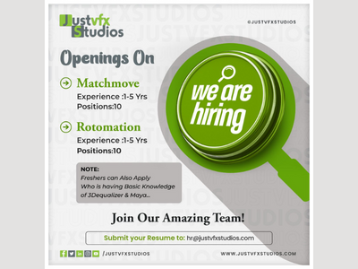 Justvfx Studios hiring for Matchmove & Rotomation - Hyderabad Justvfx Studios hiring for Matchmove & Rotomation - Hyderabad
