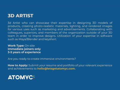 Job opening for experienced 3D Artist at ATOMYC